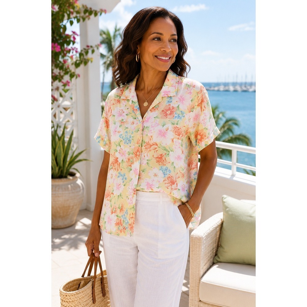 Vintage Jones New York 100% Linen Floral Shirt Womens L Pastel Resort Coastal